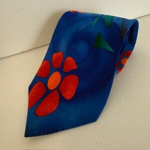 Necktie J. Garcia Blue with red Flowers Poppies 3.75 inches wide 57 inches long